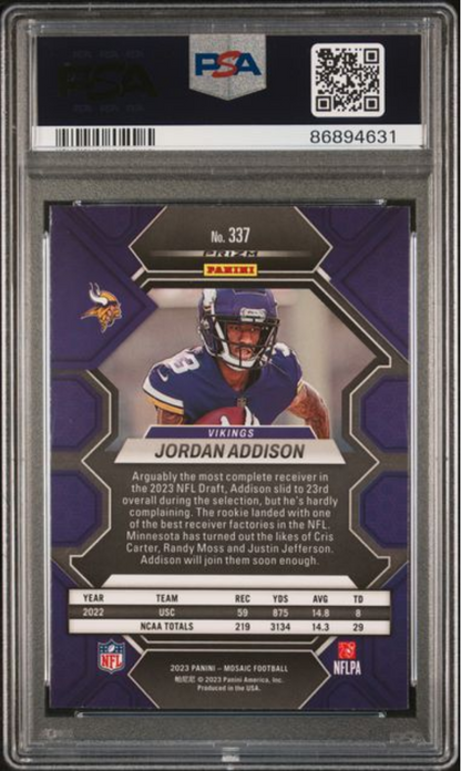 Graded 2023 Panini Mosaic Jordan Addison #337 Camo Pink Rookie RC Football Card PSA 10 Gem Mint