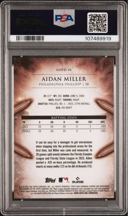 Graded 2024 Topps Bowman Aidan Miller #GOTD24 Gladiators of the Diamond Rookie RC Baseball Card PSA 10 Gem Mint