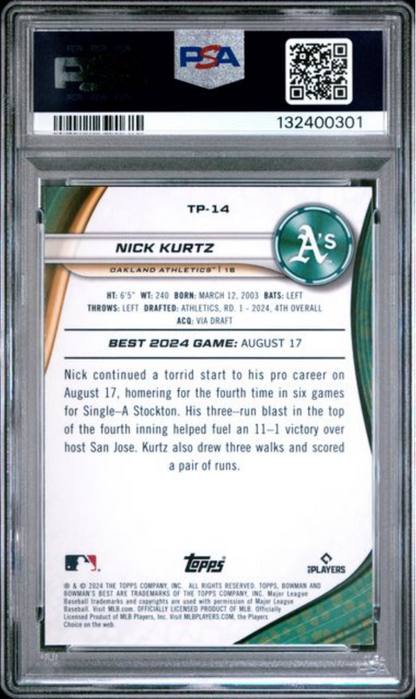 Graded 2024 Topps Bowmans Best Nick Kurtz #TP14 Top Prospects Rookie RC Baseball Card PSA 10 Gem Mint