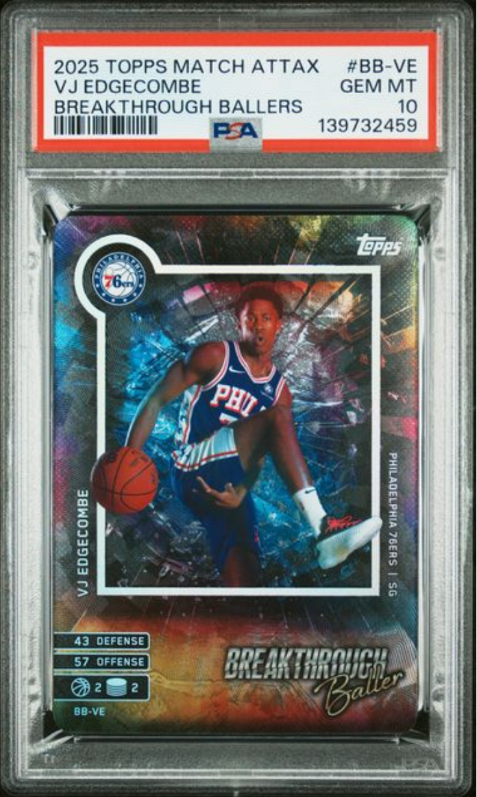 Graded 2025 Topps Match Attax VJ Edgecombe #BBVE Breakthrough Ballers Rookie RC Basketball Card PSA 10 Gem Mint