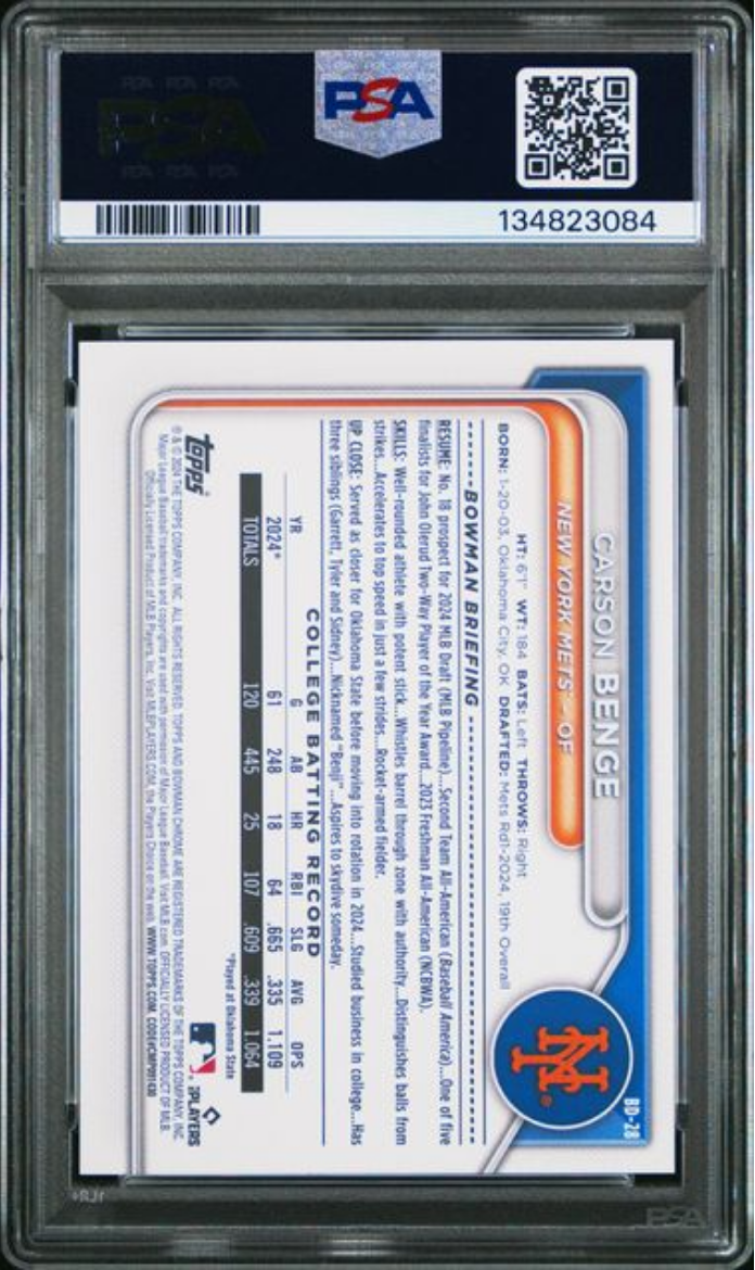 Graded 2024 Topps Bowman Draft Carson Benge #BD28 Rookie RC Baseball Card PSA 10 Gem Mint