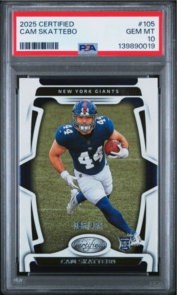 Graded 2025 Panini Certified Cam Skattebo #105 /499 Rookie RC Football Card PSA 10 Gem Mint