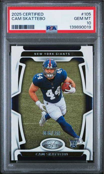 Graded 2025 Panini Certified Cam Skattebo #105 /499 Rookie RC Football Card PSA 10 Gem Mint