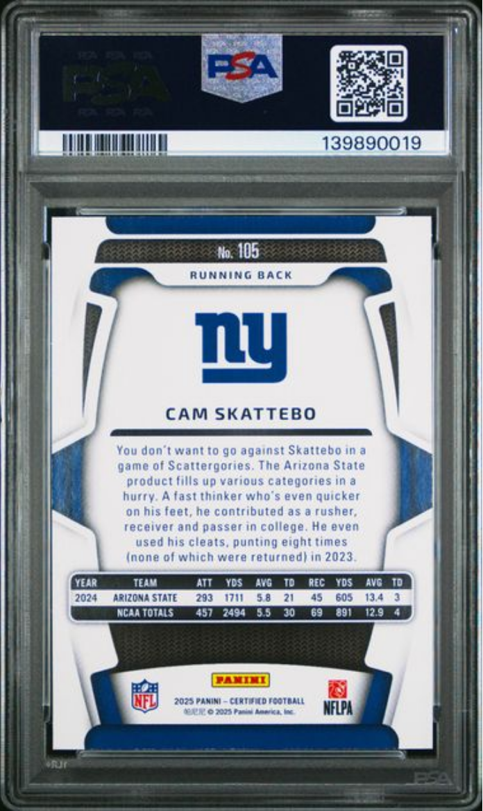 Graded 2025 Panini Certified Cam Skattebo #105 /499 Rookie RC Football Card PSA 10 Gem Mint