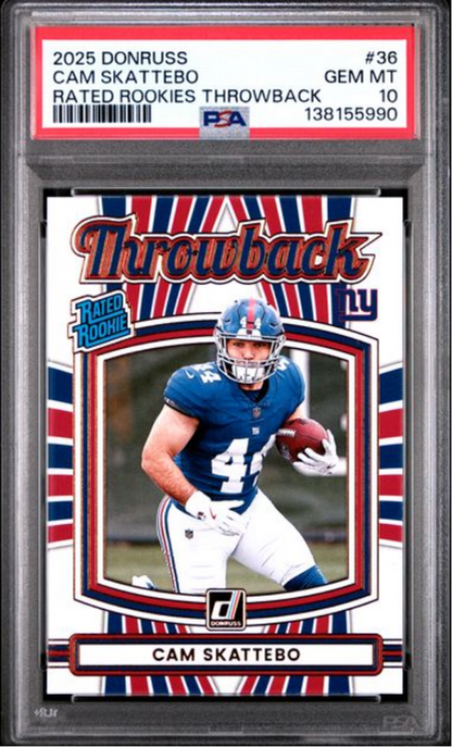 Graded 2025 Panini Donruss Cam Skattebo #36 Rated Rookies Throwback Rookie RC Football Card PSA 10 Gem Mint