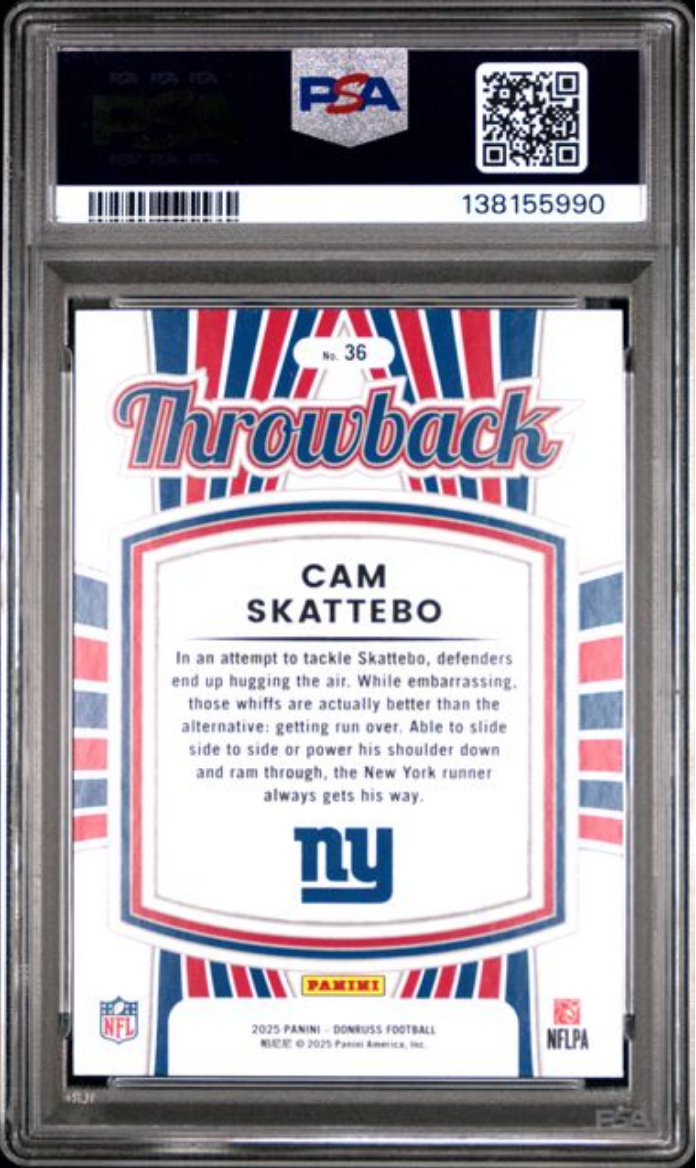 Graded 2025 Panini Donruss Cam Skattebo #36 Rated Rookies Throwback Rookie RC Football Card PSA 10 Gem Mint