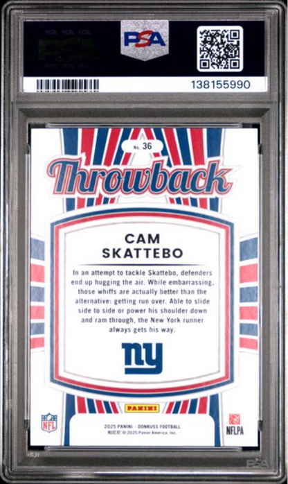 Graded 2025 Panini Donruss Cam Skattebo #36 Rated Rookies Throwback Rookie RC Football Card PSA 10 Gem Mint