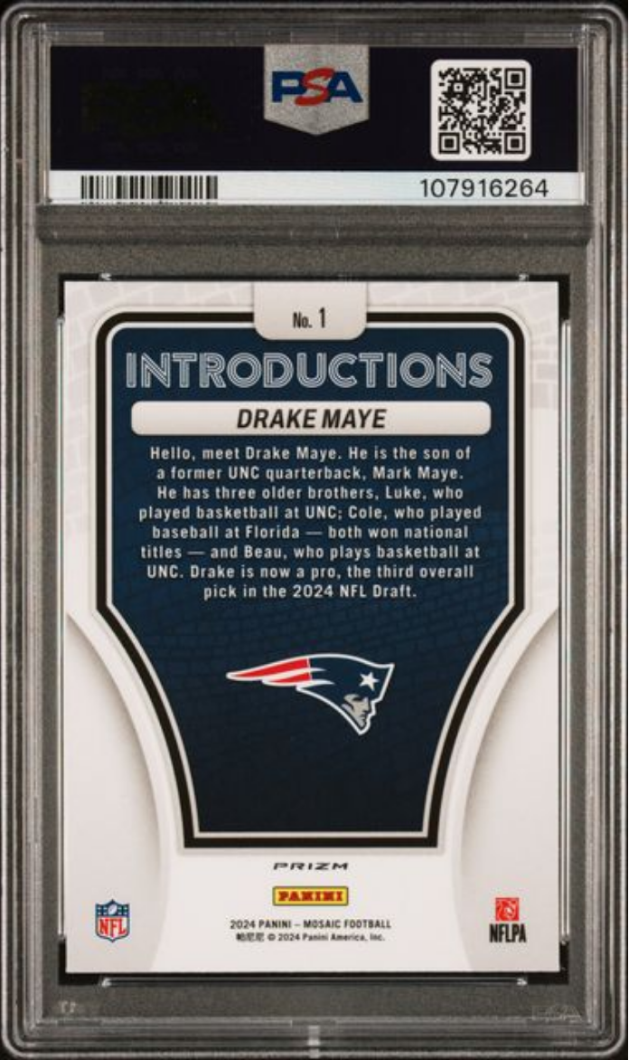 Graded 2024 Panini Mosaic Drake Maye #1 Introductions Silver Rookie RC Football Card PSA 10 Gem Mint