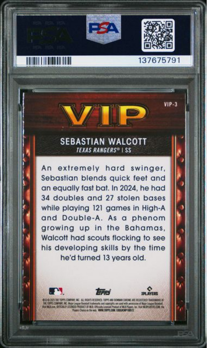 Graded 2025 Topps Bowman Sebastian Walcott #VIP3 Very Important Prospects Rookie RC Baseball Card PSA 10 Gem Mint
