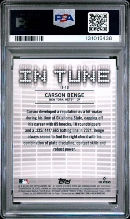 Graded 2024 Topps Bowman Draft Carson Benge #IT10 In Tune Rookie RC Baseball Card PSA 10 Gem Mint