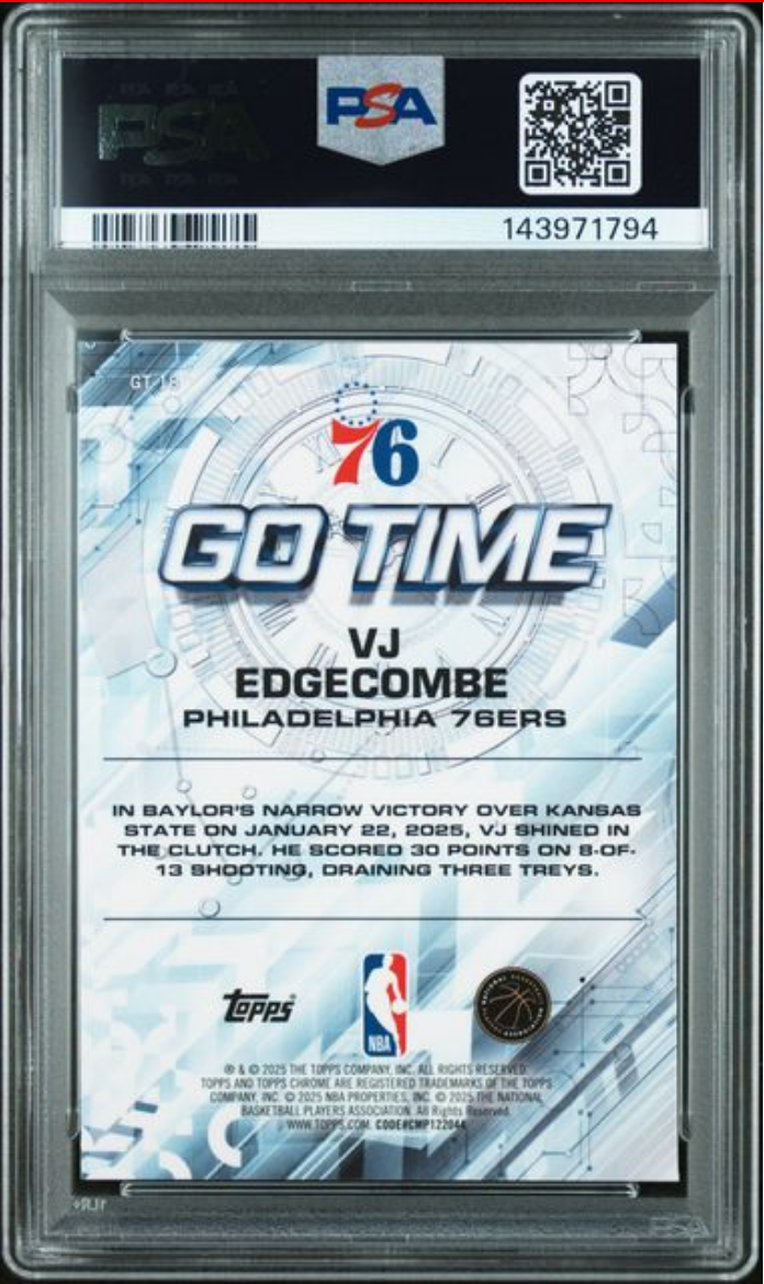 Graded 2025 Topps Chrome VJ Edgecombe #GT18 Go Time Rookie RC Basketball Card PSA 10 Gem Mint