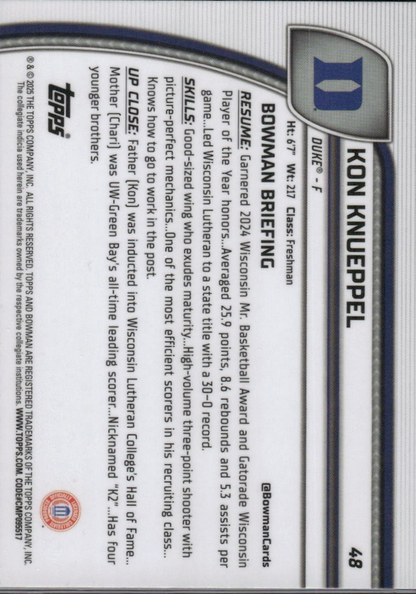 2025 Topps Bowman Chrome U Kon Knueppel #48 Auto Duke Blue Devils Rookie RC Basketball Card