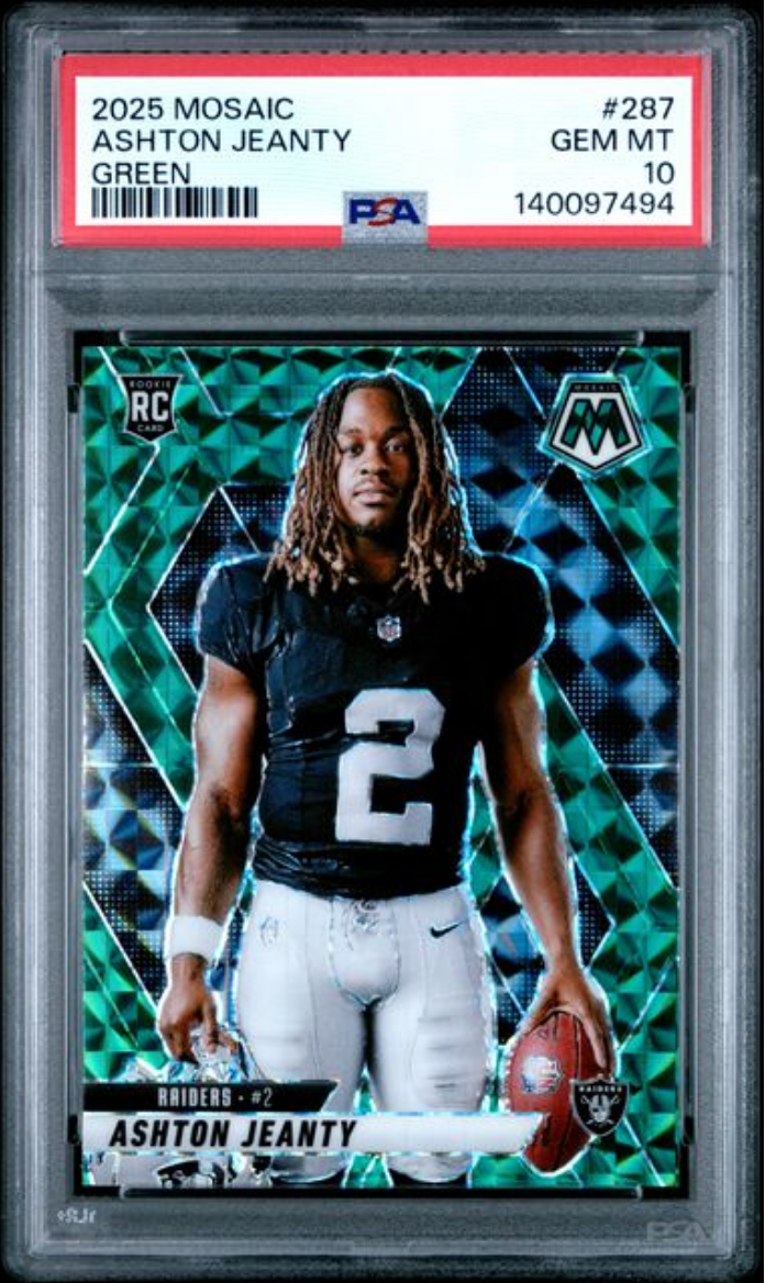 Graded 2025 Panini Mosaic Ashton Jeanty #287 Green Rookie RC Football Card PSA 10 Gem Mint