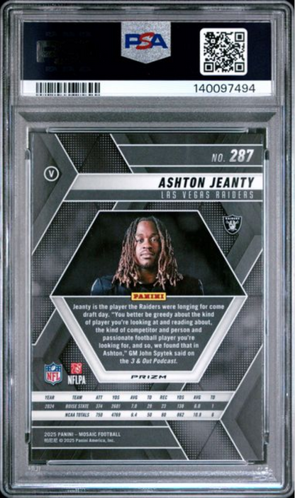 Graded 2025 Panini Mosaic Ashton Jeanty #287 Green Rookie RC Football Card PSA 10 Gem Mint