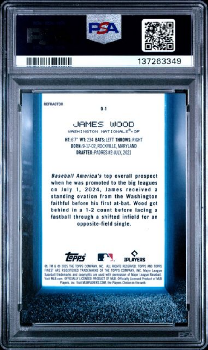Graded 2025 Topps Finest James Wood #D1 Debut Refractor Rookie RC Baseball Card PSA 10 Gem Mint