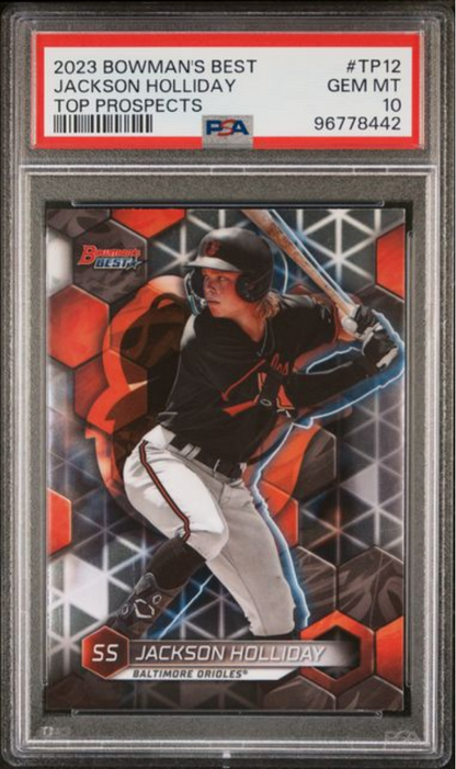 Graded 2023 Topps Bowmans Best Jackson Holliday #TP12 Top Prospects Rookie RC Baseball Card PSA 10 Gem Mint