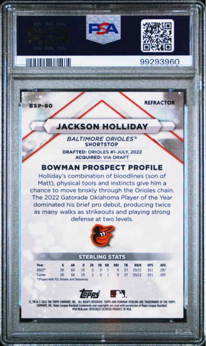 Graded 2023 Topps Bowman Sterling Jackson Holliday #BSP80 Refractor /199 Rookie RC Baseball Card PSA 10 Gem Mint