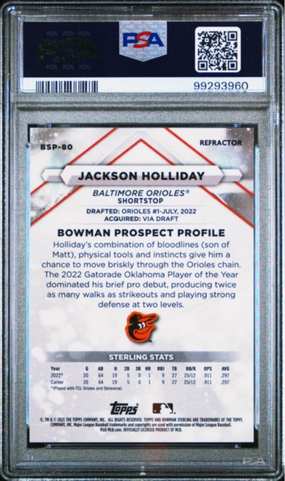 Graded 2023 Topps Bowman Sterling Jackson Holliday #BSP80 Refractor /199 Rookie RC Baseball Card PSA 10 Gem Mint