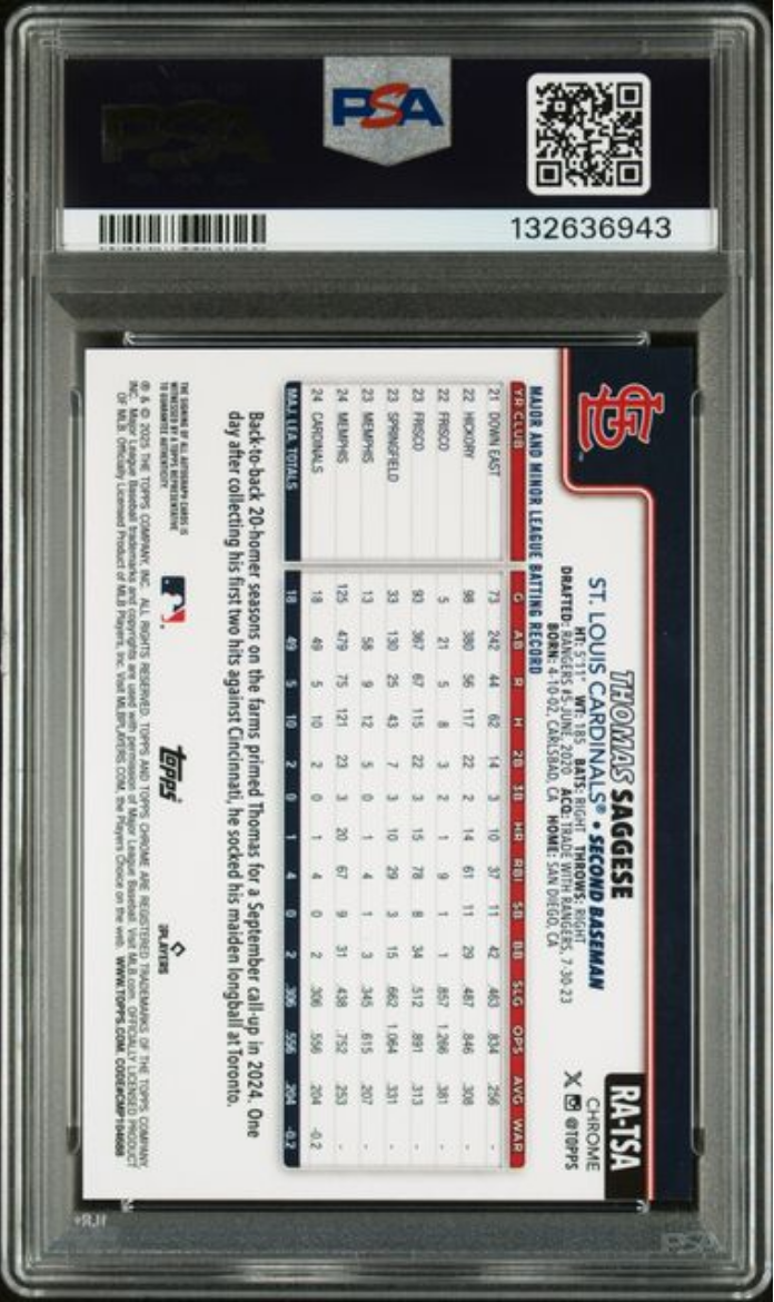 Graded 2025 Topps Sapphire Thomas Saggese #RA-TSA Rookie Autograph /199 Rookie RC Baseball Card PSA 10 Gem Mint