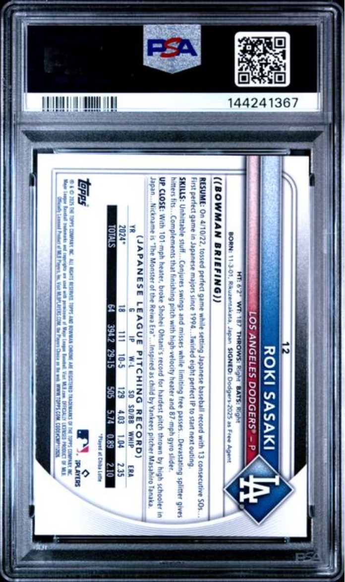 Graded 2025 Topps Bowman Chrome Roki Sasaki #12 Rookie RC Baseball Card PSA 10 Gem Mint