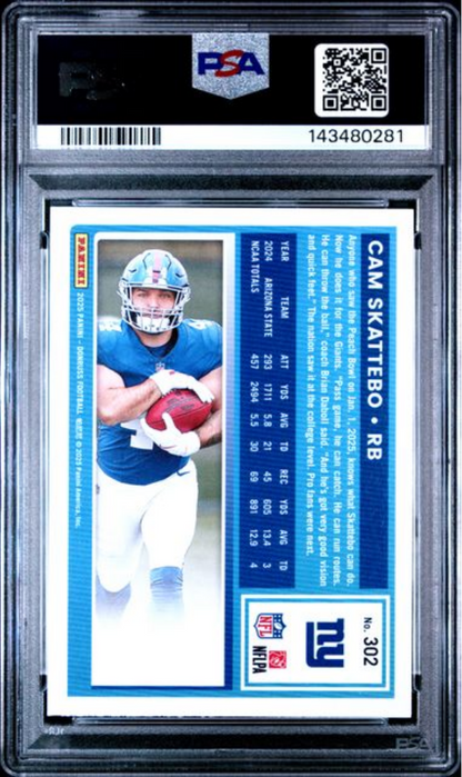 Graded 2025 Panini Donruss Cam Skattebo #302 Rookie RC Football Card PSA 10 Gem Mint