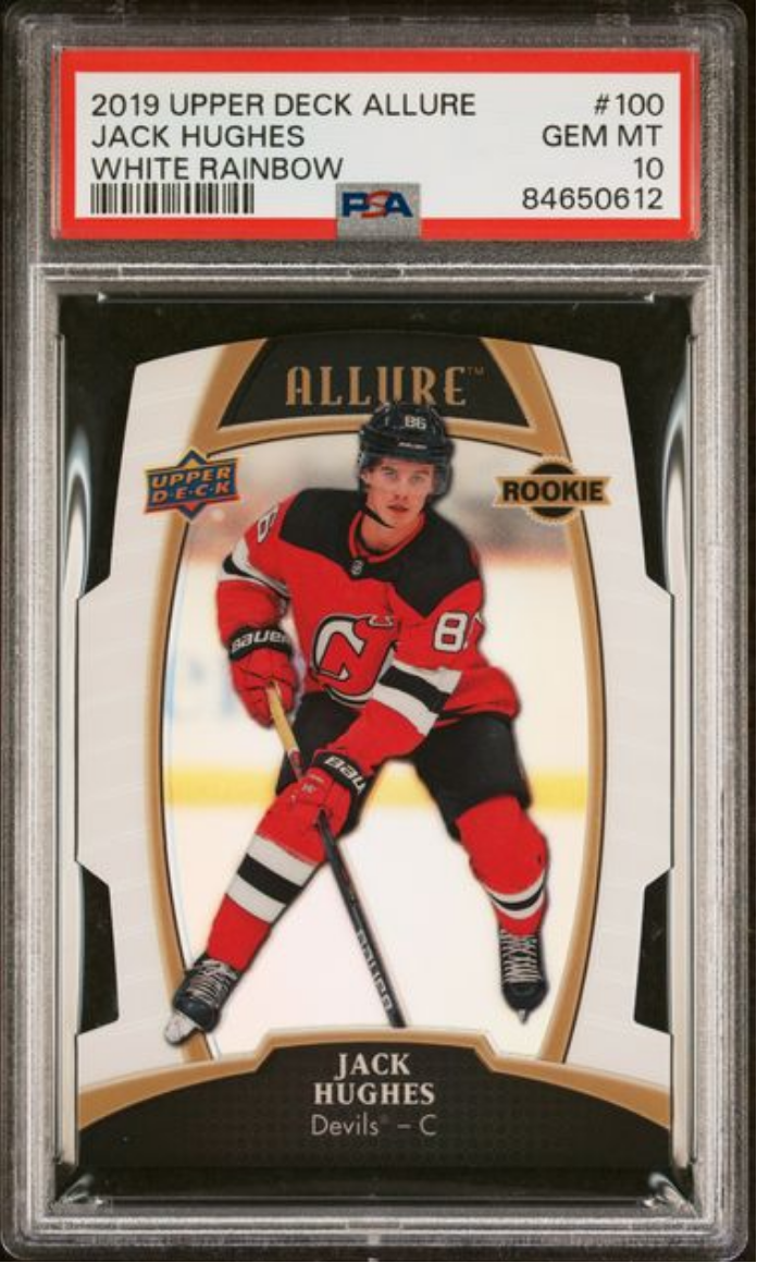 Graded 2019 Upper Deck Allure Jack Hughes #100 White Rainbow Rookie RC Hockey Card PSA 10 Gem Mint