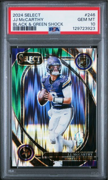 Graded 2024 Panini Select JJ McCarthy #246 Black & Green Shock Rookie RC Football Card PSA 10 Gem Mint
