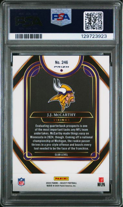 Graded 2024 Panini Select JJ McCarthy #246 Black & Green Shock Rookie RC Football Card PSA 10 Gem Mint