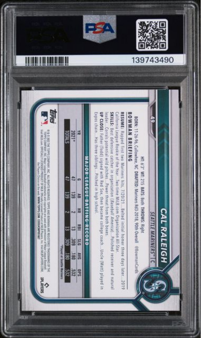 Graded 2022 Topps Bowman Cal Raleigh #49 Rookie RC Baseball Card PSA 10 Gem Mint