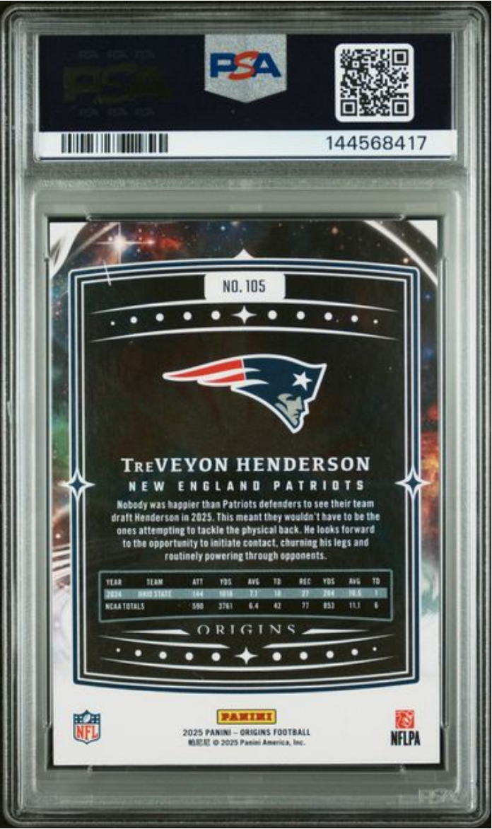 Graded 2025 Panini Origins TreVeyon Henderson #105 Holo Orange /249 Rookie RC Football Card PSA 10 Gem Mint