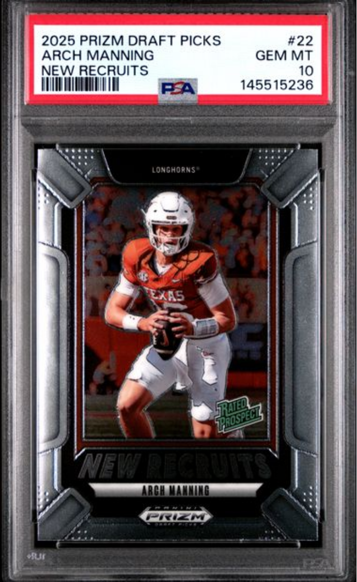 Graded 2025 Panini Prizm Draft Picks Arch Manning #22 New Recruits Rookie RC Football Card PSA 10 Gem Mint