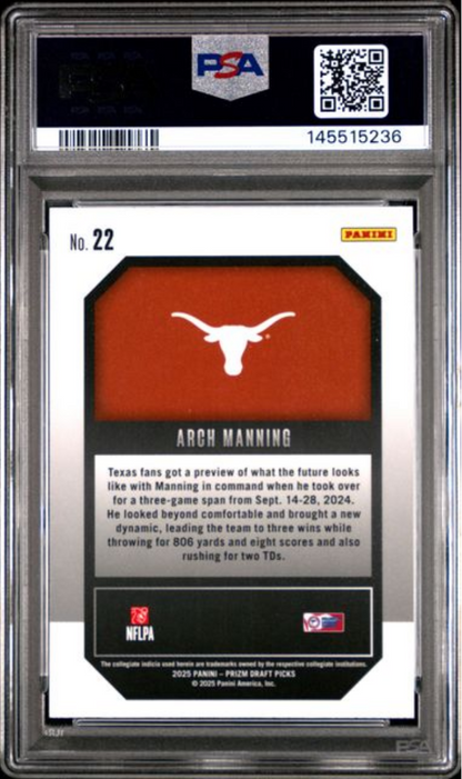 Graded 2025 Panini Prizm Draft Picks Arch Manning #22 New Recruits Rookie RC Football Card PSA 10 Gem Mint