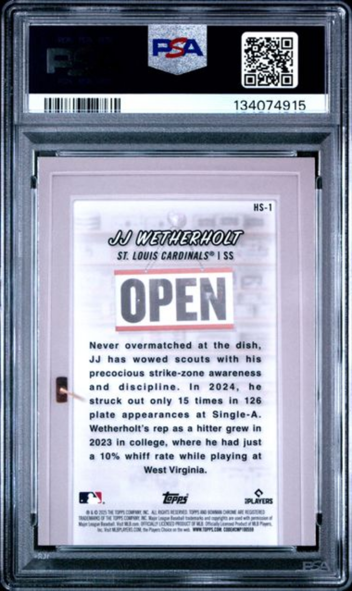 Graded 2025 Topps Bowman JJ Wetherholt #HS1 Hobby Stars Rookie RC Baseball Card PSA 10 Gem Mint
