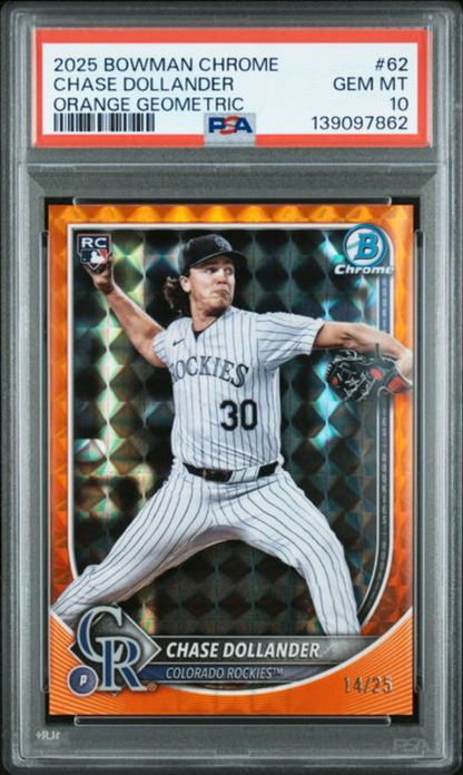 Graded 2025 Topps Bowman Chrome Chase Dollander #62 Orange Geometric /25 Rookie RC Baseball Card PSA 10 Gem Mint