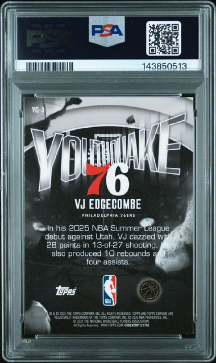 Graded 2025 Topps VJ Edgecombe #YQ3 Youthquake Rookie RC Basketball Card PSA 10 Gem Mint