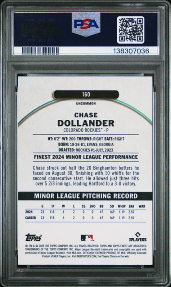 Graded 2025 Topps Finest Chase Dollander #160 Magenta Refractor /300 Rookie RC Baseball Card PSA 10 Gem Mint