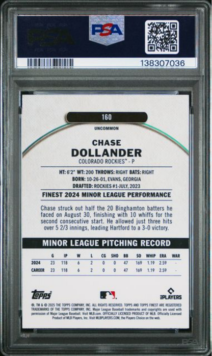 Graded 2025 Topps Finest Chase Dollander #160 Magenta Refractor /300 Rookie RC Baseball Card PSA 10 Gem Mint