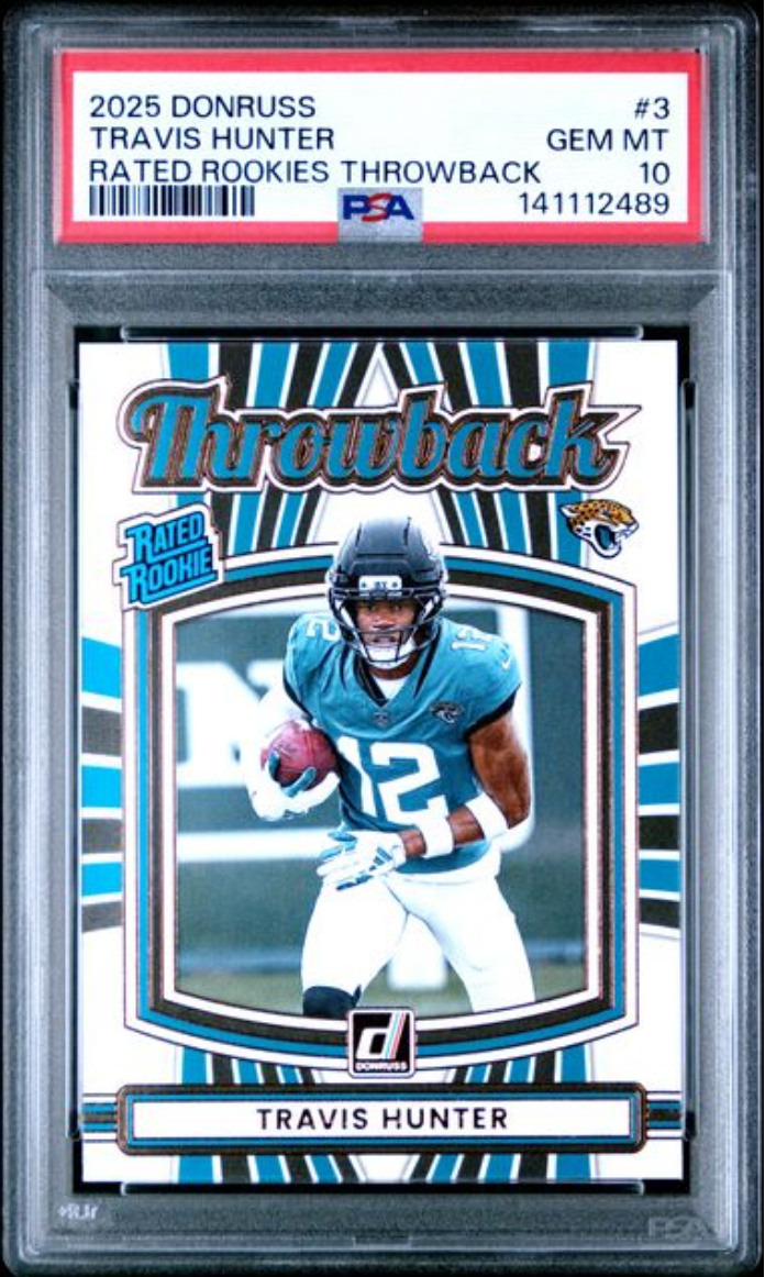 Graded 2025 Panini Donruss Travis Hunter #3 Rated Rookies Throwback Rookie RC Football Card PSA 10 Gem Mint
