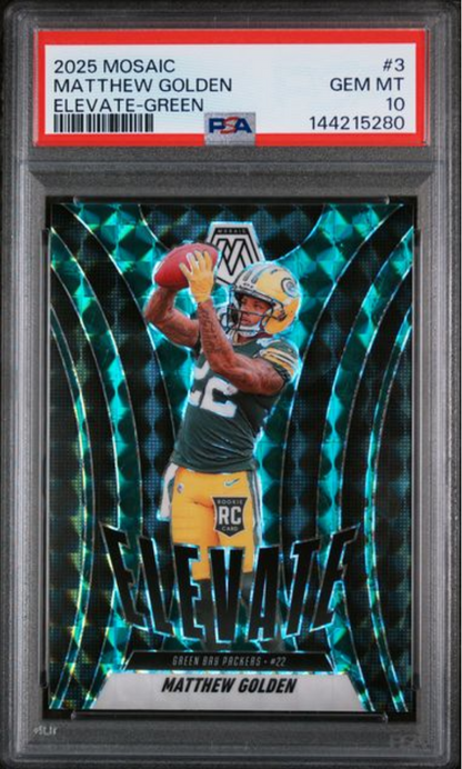 Graded 2025 Panini Mosaic Matthew Golden #3 Elevate Green Rookie RC Football Card PSA 10 Gem Mint