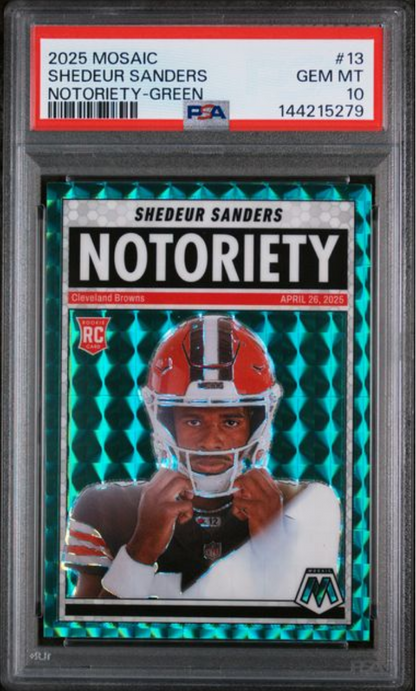 Graded 2025 Panini Mosaic Shedeur Sanders #13 Notoriety Green Rookie RC Football Card PSA 10 Gem Mint