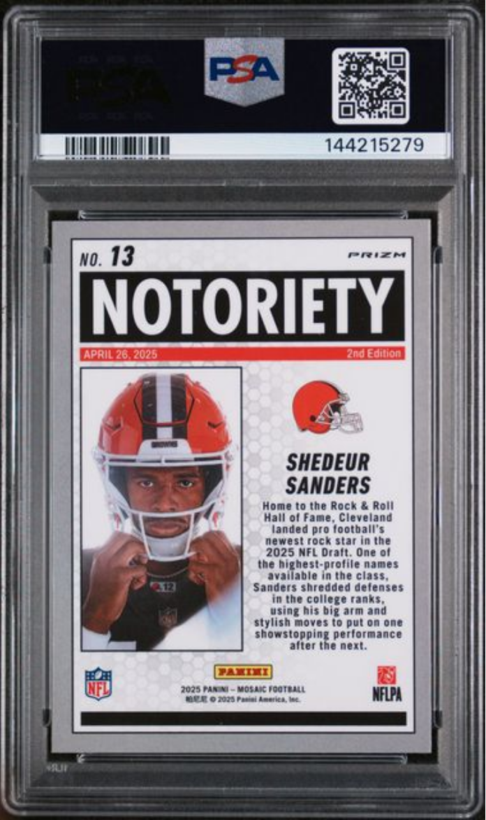 Graded 2025 Panini Mosaic Shedeur Sanders #13 Notoriety Green Rookie RC Football Card PSA 10 Gem Mint