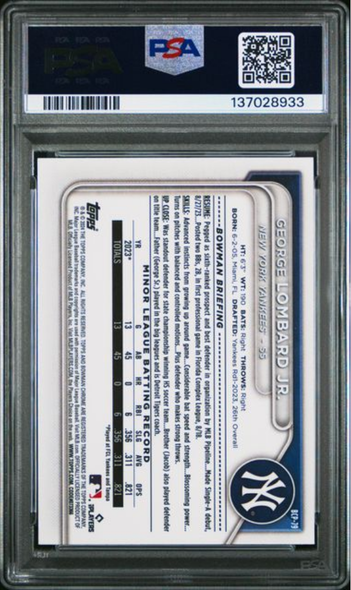 Graded 2024 Topps Bowman Mega Box George Lombard Jr #79 Chrome Prospects Rookie RC Baseball Card PSA 10 Gem Mint