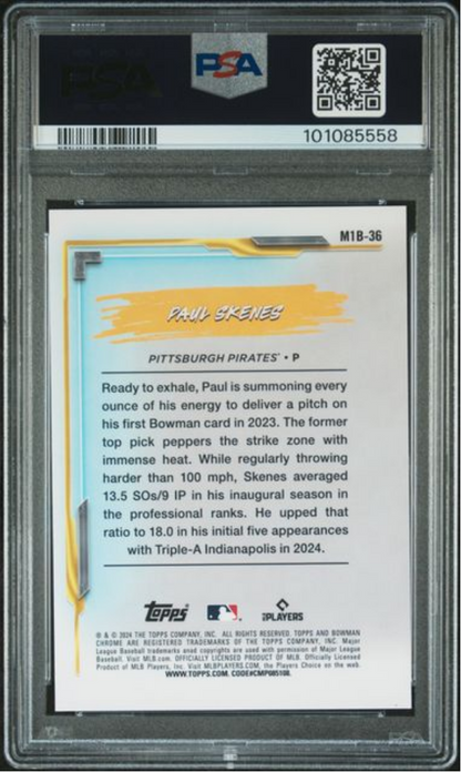 Graded 2024 Topps Bowman Chrome Paul Skenes #M1B36 My 1st Bowman Mini Diamond Refractor Rookie RC Baseball Card PSA 10 Gem Mint