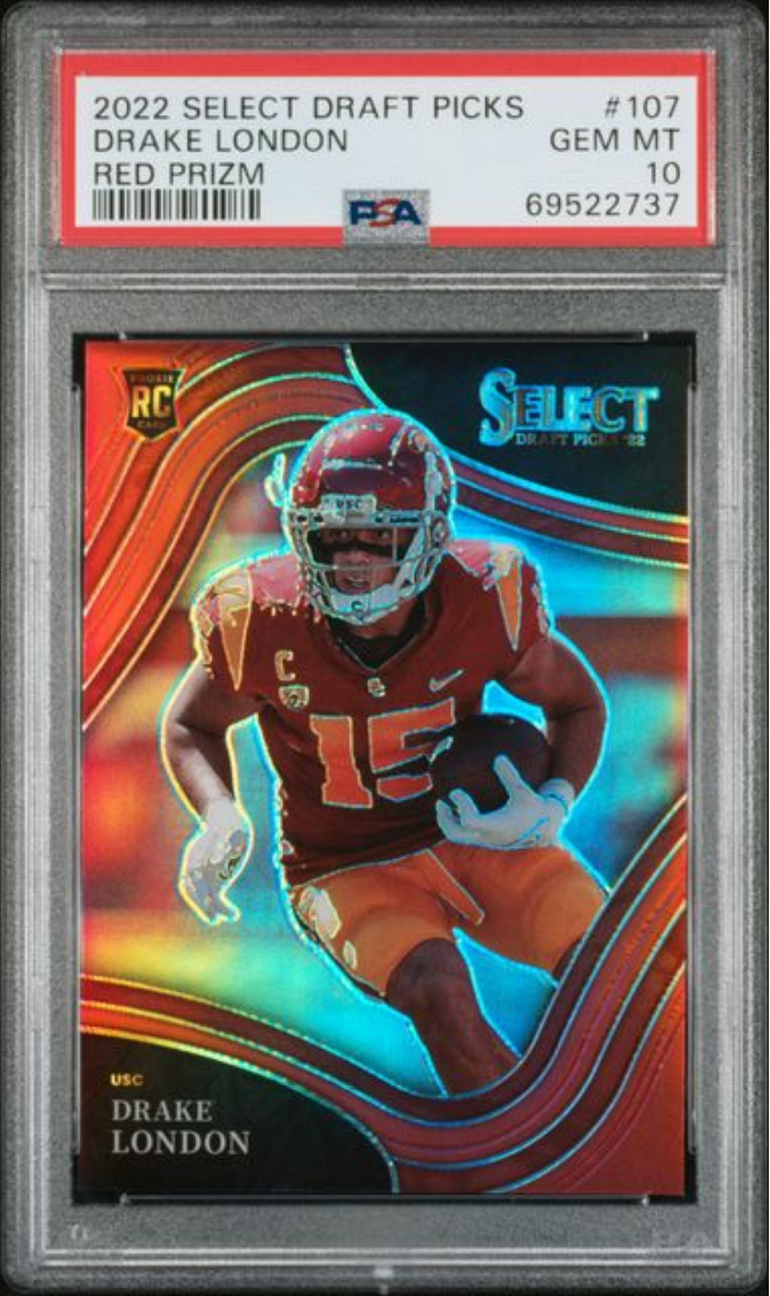 Graded 2022 Panini Select Draft Picks Drake London #107 Red Prizm /149 Rookie RC Football Card PSA 10 Gem Mint