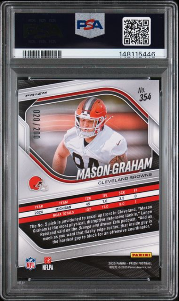 Graded 2025 Panini Prizm Mason Graham #354 Hyper Prizm /200 Rookie RC Football Card PSA 10 Gem Mint