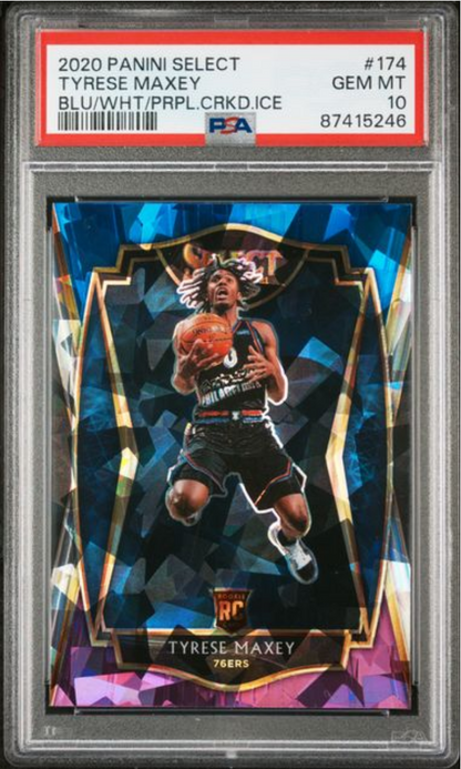 Graded 2020 Panini Select Tyrese Maxey #174 Blue/White/Purple Cracked Ice Rookie RC Basketball Card PSA 10 Gem Mint