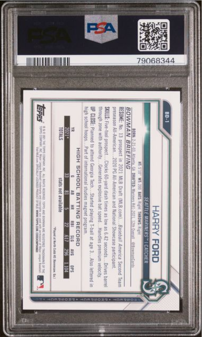 Graded 2021 Topps Bowman Draft Harry Ford #BD1 Rookie RC Baseball Card PSA 10 Gem Mint