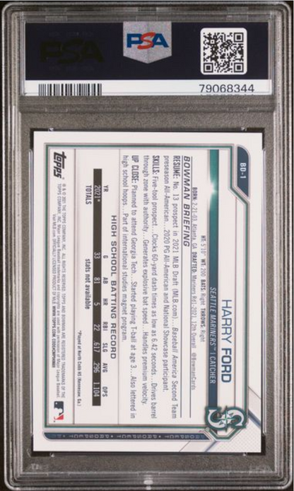 Graded 2021 Topps Bowman Draft Harry Ford #BD1 Rookie RC Baseball Card PSA 10 Gem Mint