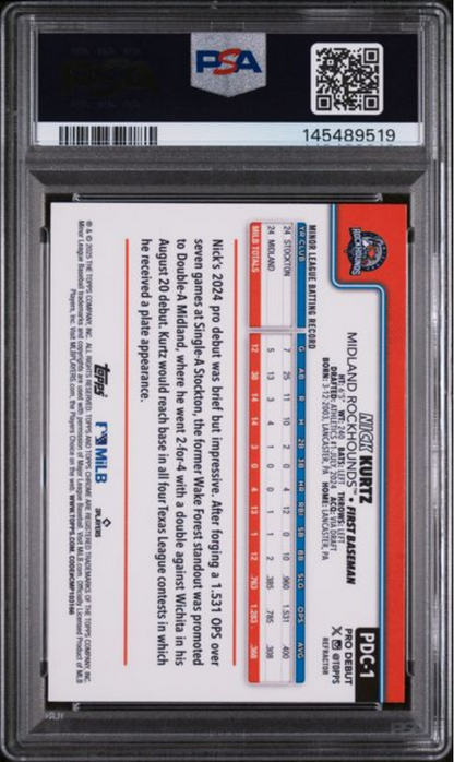 Graded 2025 Topps Pro Debut Nick Kurtz #1 Chrome Refractor /199 Rookie RC Baseball Card PSA 10 Gem Mint