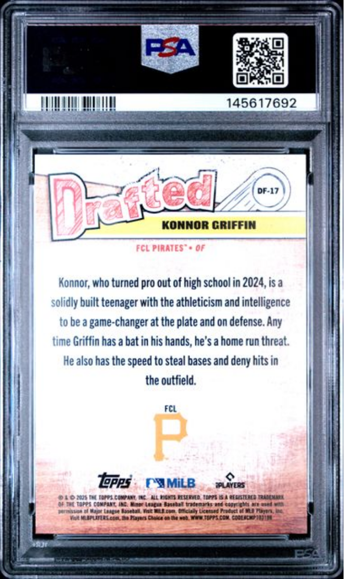 Graded 2025 Topps Pro Debut Konnor Griffin #17 Drafted Rookie RC Baseball Card PSA 10 Gem Mint